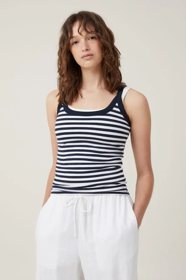 Women Tops Cotton On The One Basic Scoop Neck Cami Cara Stripe Whiteink Navy