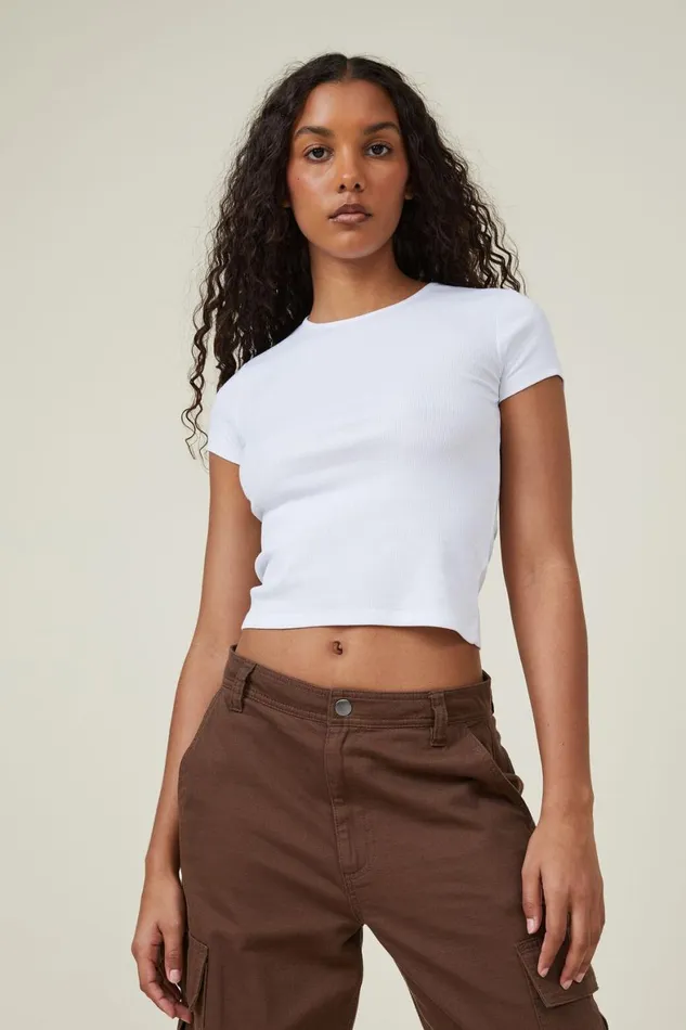 Women Tops Cotton On The One Organic Rib Crew Short Sleeve Tee White
