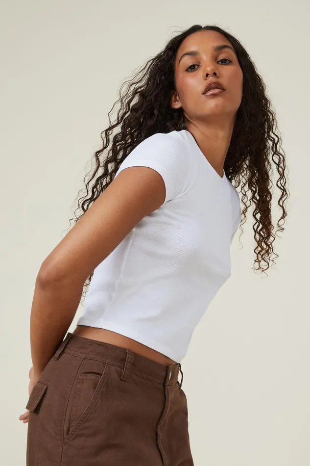 Women Tops Cotton On The One Organic Rib Crew Short Sleeve Tee White