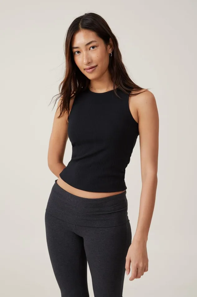 Women Tops Cotton On The One Organic Variegated Rib High Neck Tank Black