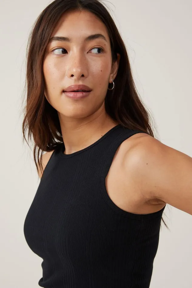 Women Tops Cotton On The One Organic Variegated Rib High Neck Tank Black