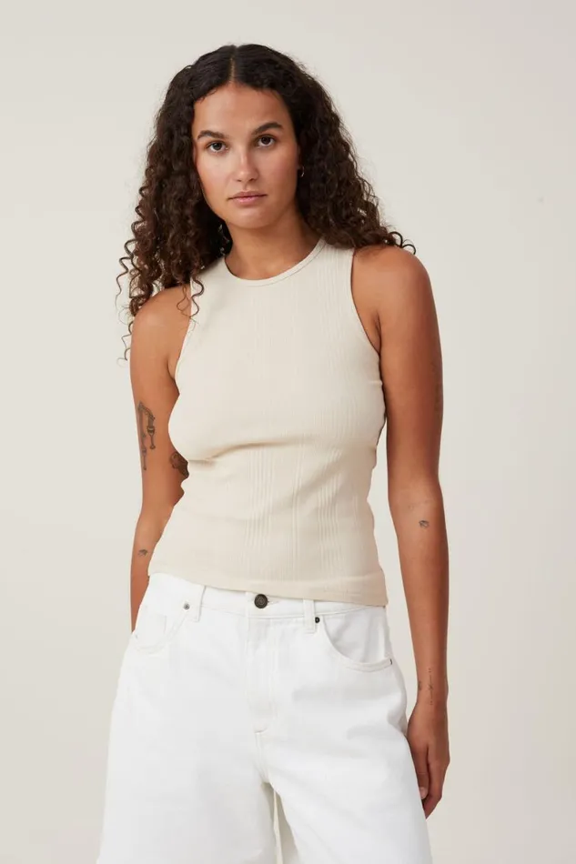 Women Tops Cotton On The One Organic Variegated Rib High Neck Tank Stone