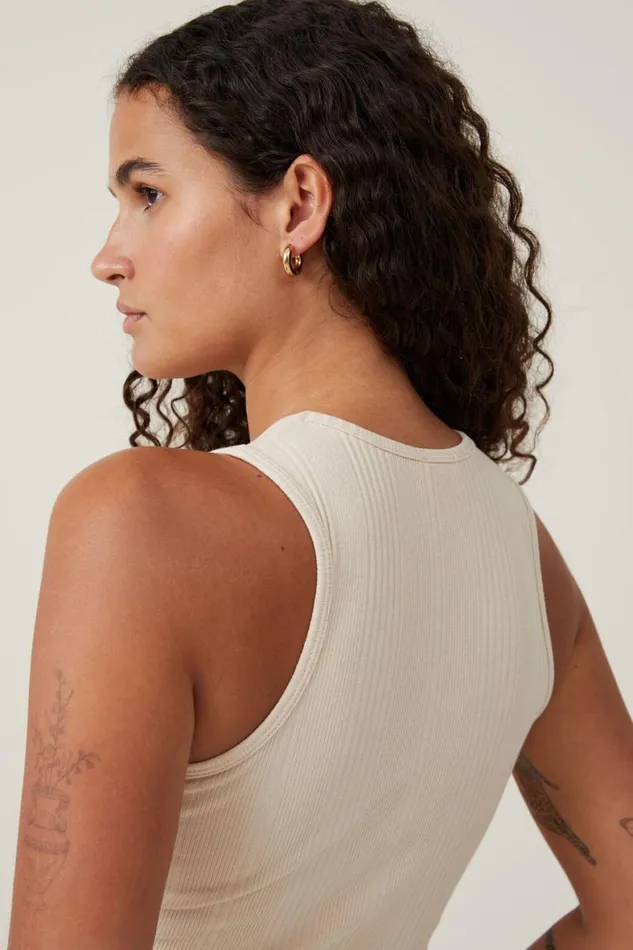 Women Tops Cotton On The One Organic Variegated Rib High Neck Tank Stone