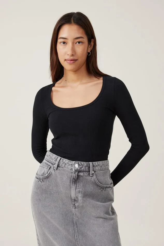 Women Tops Cotton On The One Organic Variegated Rib Scoop Long Sleeve Black
