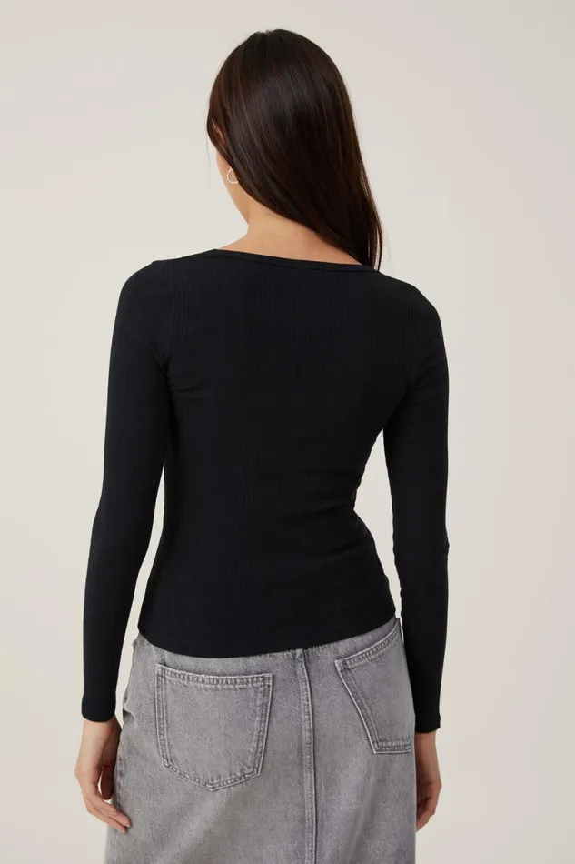 Women Tops Cotton On The One Organic Variegated Rib Scoop Long Sleeve Black