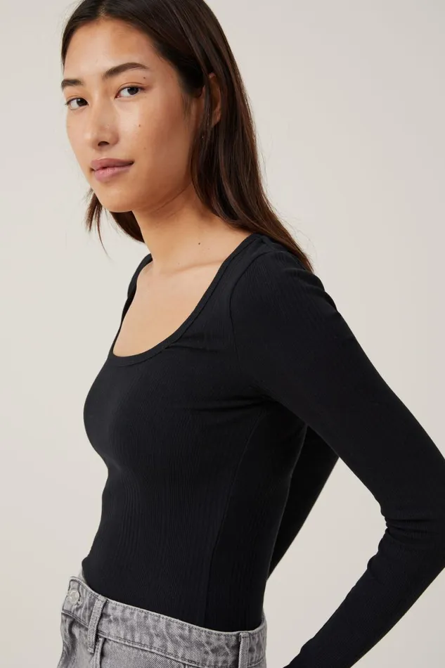 Women Tops Cotton On The One Organic Variegated Rib Scoop Long Sleeve Black