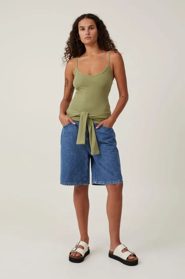 Women Tops Cotton On The One Organic Variegated Rib V Neck Cami Cool Khaki