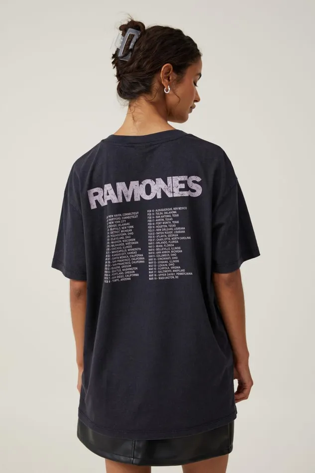 Women Tops Cotton On The Oversized Band Tee Lcn Mt Ramones Eagle Posterblack