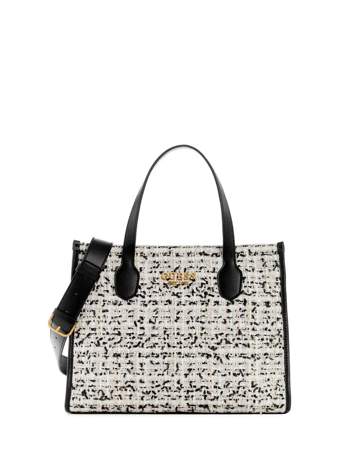 Women Tote Bags GUESS Cream Multi Tweed Silvana Tote Bag