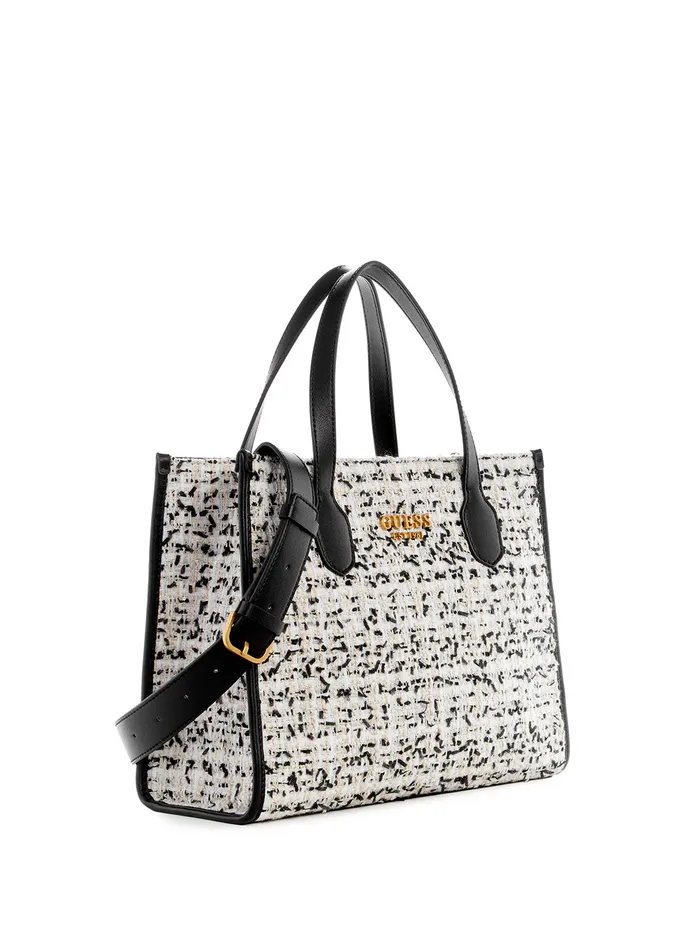 Women Tote Bags GUESS Cream Multi Tweed Silvana Tote Bag Women Tote Bags GUESS Cream Multi Tweed Silvana Tote Bag