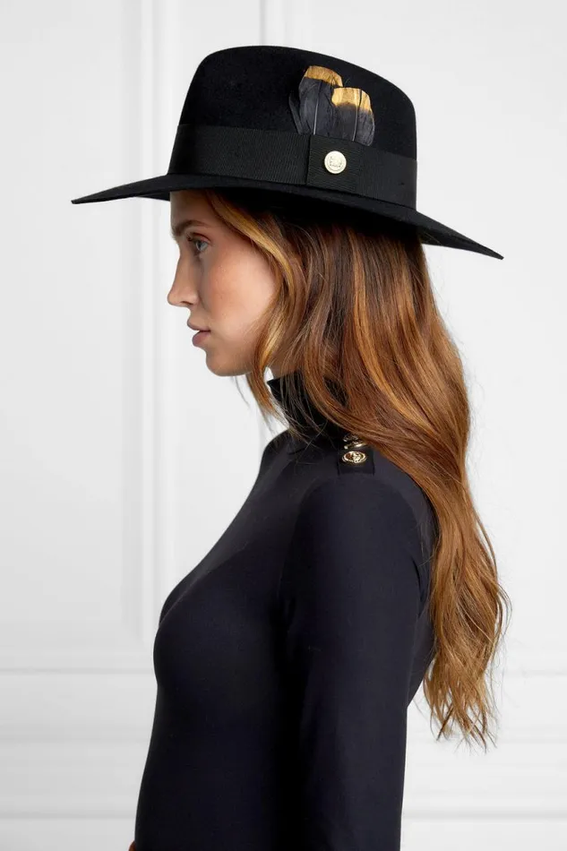 Women Trilby Hat Gold Feather Black Holland Cooper Hats and Headbands Women Trilby Hat Gold Feather Black Holland Cooper Hats and Headbands