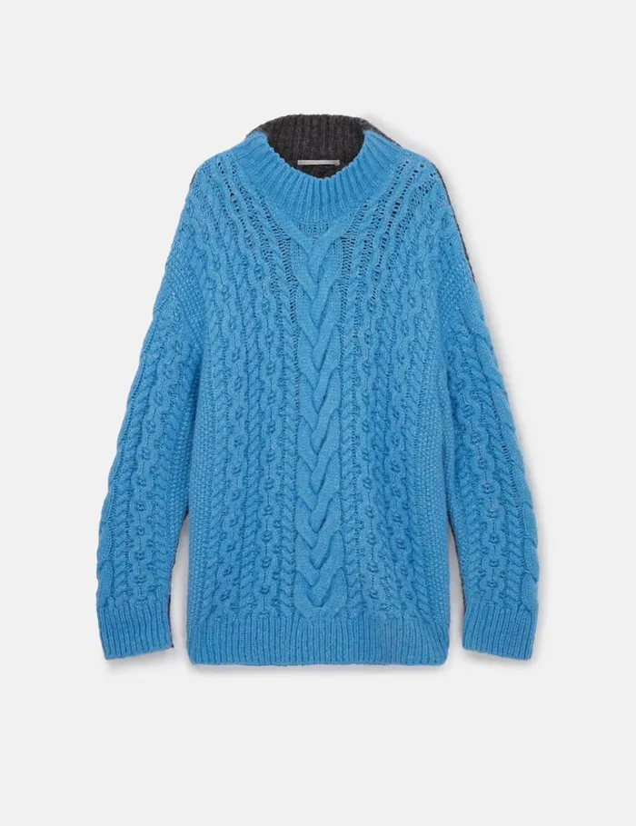 Women TwoTone Cable Knit Oversized Sweater Blue And Grey Stella McCartney Knitwear