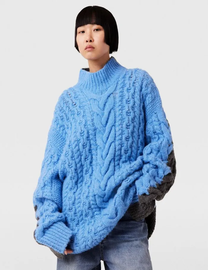 Women TwoTone Cable Knit Oversized Sweater Blue And Grey Stella McCartney Knitwear