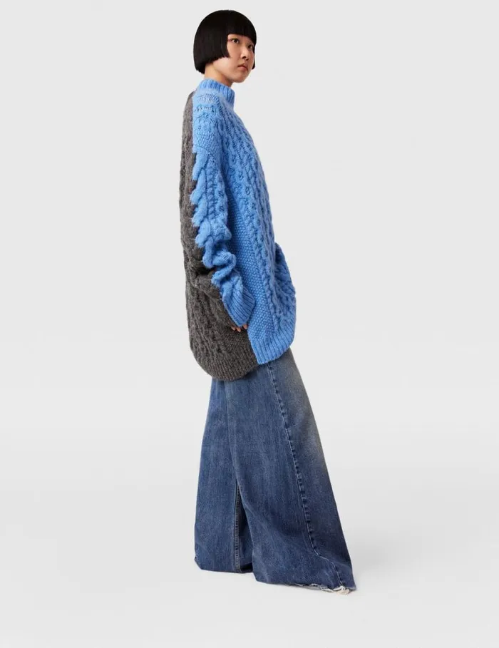 Women TwoTone Cable Knit Oversized Sweater Blue And Grey Stella McCartney Knitwear