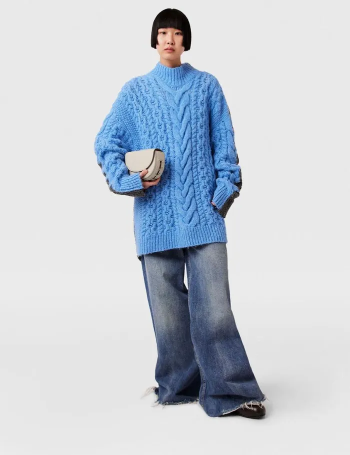 Women TwoTone Cable Knit Oversized Sweater Blue And Grey Stella McCartney Knitwear