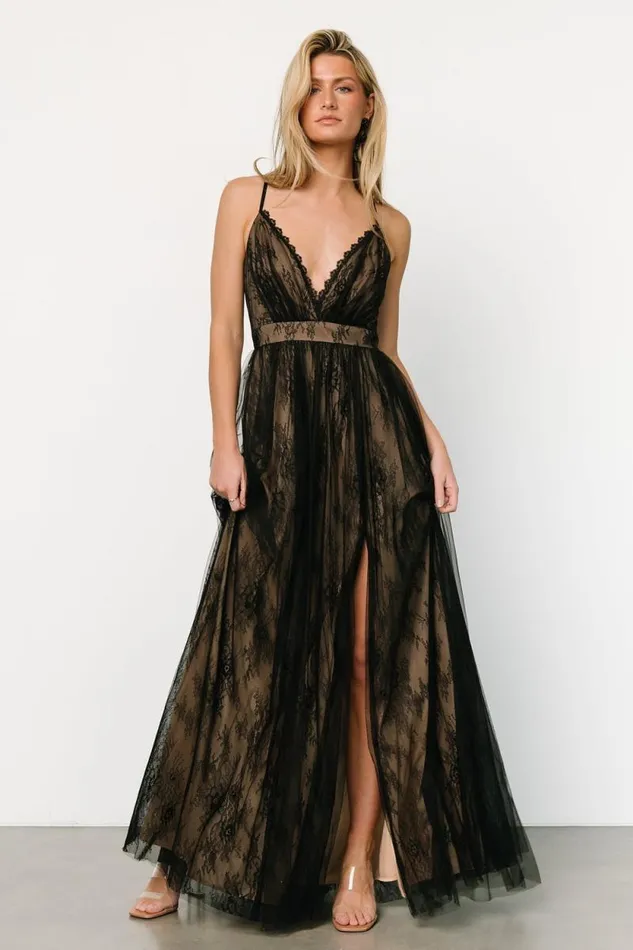 Women Vasia Lace Tulle Maxi Dress Black Nude Baltic Born Tulle Styles