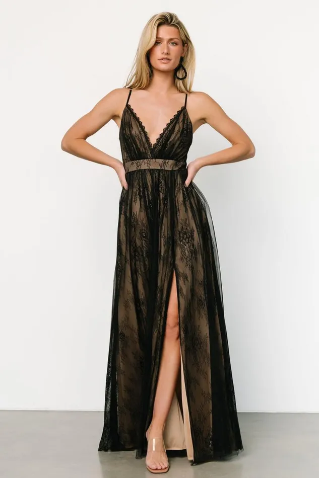 Women Vasia Lace Tulle Maxi Dress Black Nude Baltic Born Tulle Styles