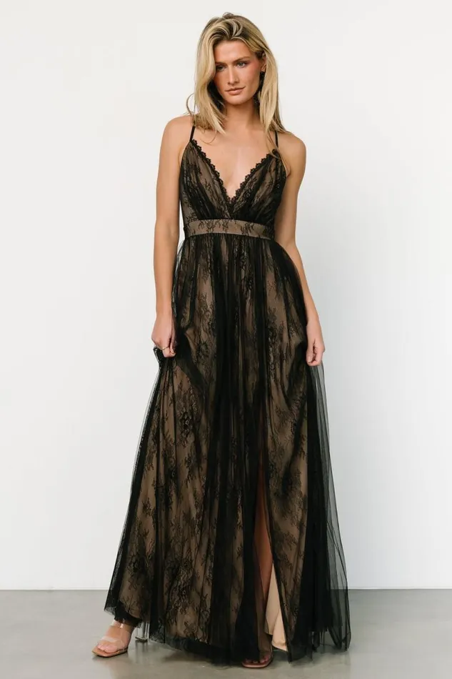 Women Vasia Lace Tulle Maxi Dress Black Nude Baltic Born Tulle Styles