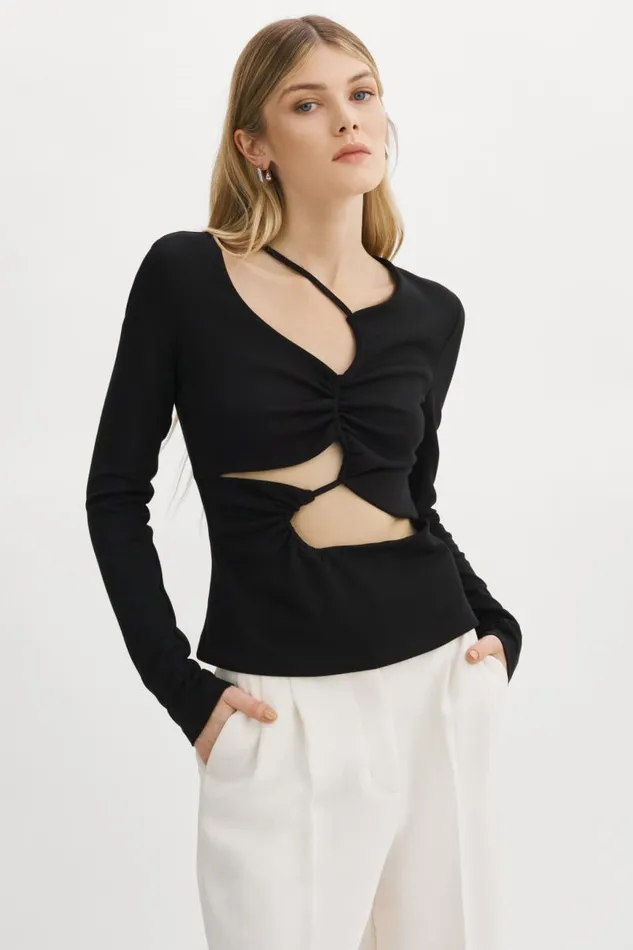 Women VEDA Knit CutOut Top Black LAMARQUE Tops
