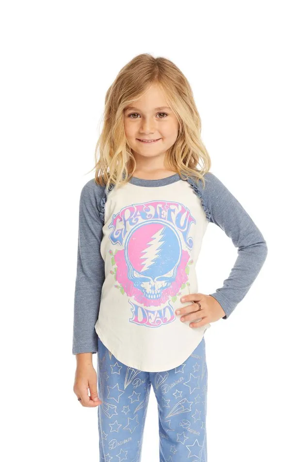 WomensKids Music Chaser Brand Grateful Dead Skull and Roses Baseball Tee
