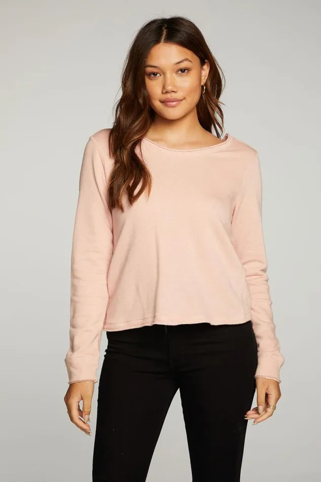 Womens Tops Chaser Brand Linen French Terry Long Sleeve Cross Back Pullover
