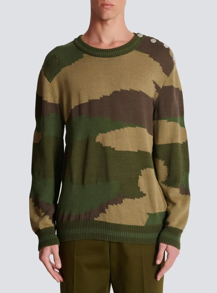 Wool Camouflage Jumper Khaki Men Balmain Knitwear