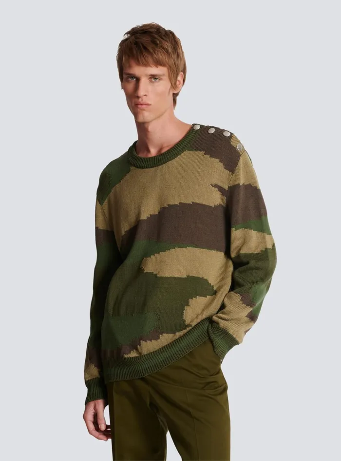 Wool Camouflage Jumper Khaki Men Balmain Knitwear