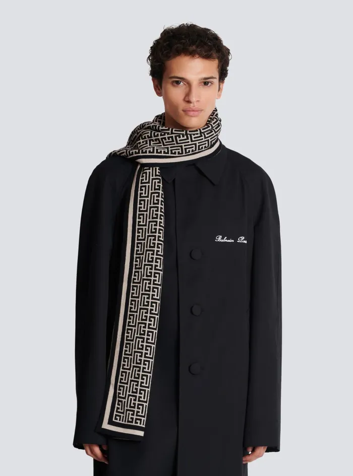 Wool Scarf With Monogram Black Men Balmain Scarves