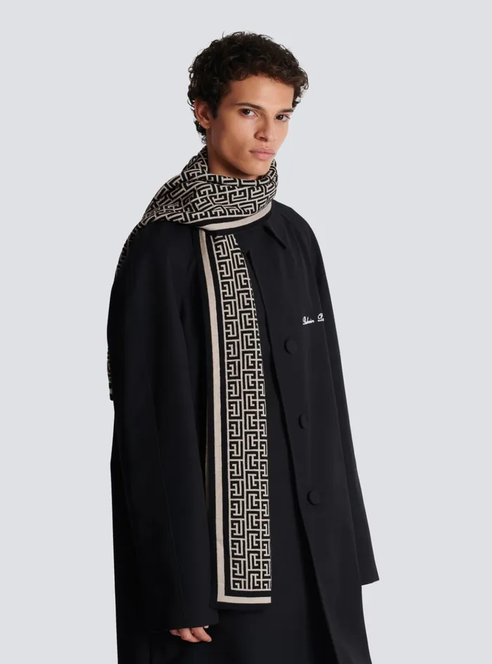 Wool Scarf With Monogram Black Men Balmain Scarves