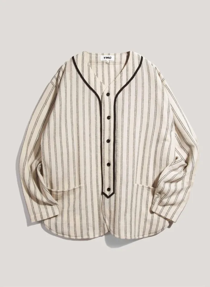 YMC Baseball Wool Stripe Shirt Ecru Mens Shirts