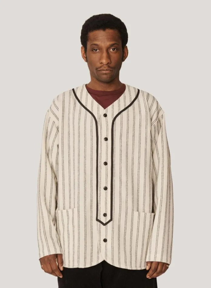 YMC Baseball Wool Stripe Shirt Ecru Mens Shirts