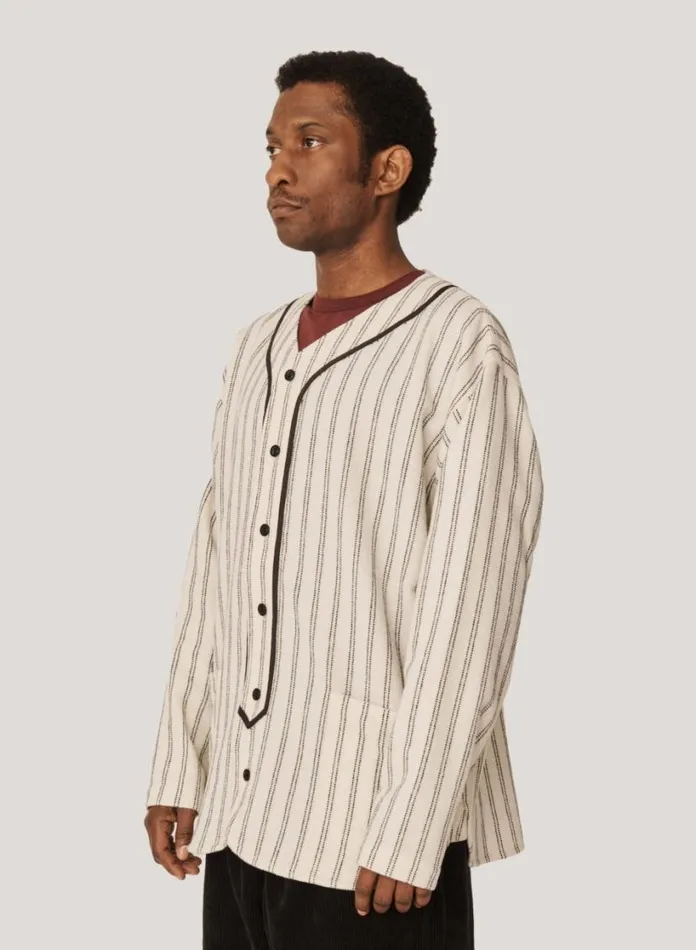 YMC Baseball Wool Stripe Shirt Ecru Mens Shirts