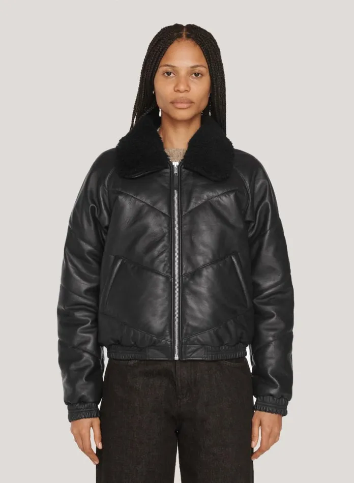 YMC Kool Herc Wadded Leather Jacket Black Womens Outerwear