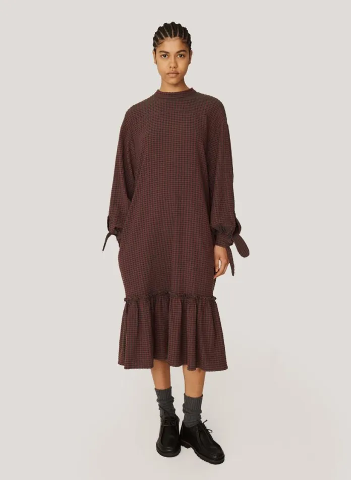 YMC Rushmore Seersucker Check Dress Burgundy Multi Womens Dresses