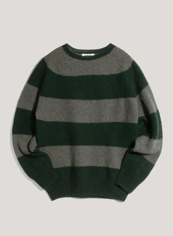 YMC Suedehead Stripe Crew Neck Jumper Green Mens Knitwear