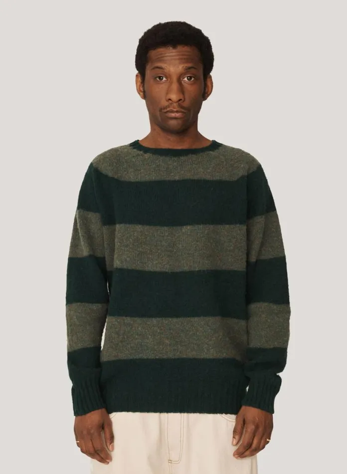 YMC Suedehead Stripe Crew Neck Jumper Green Mens Knitwear