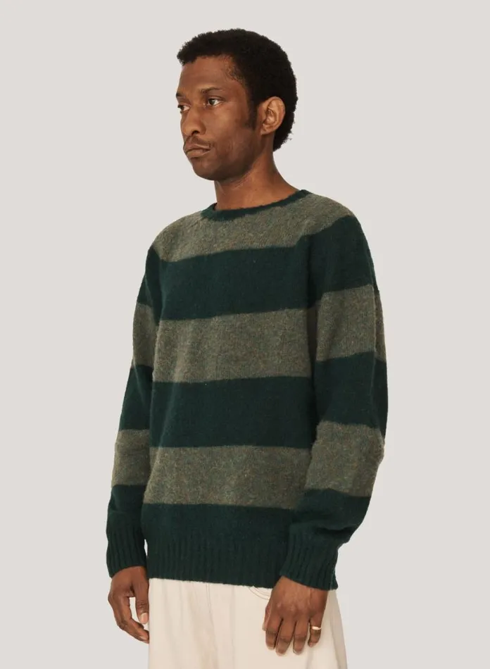 YMC Suedehead Stripe Crew Neck Jumper Green Mens Knitwear