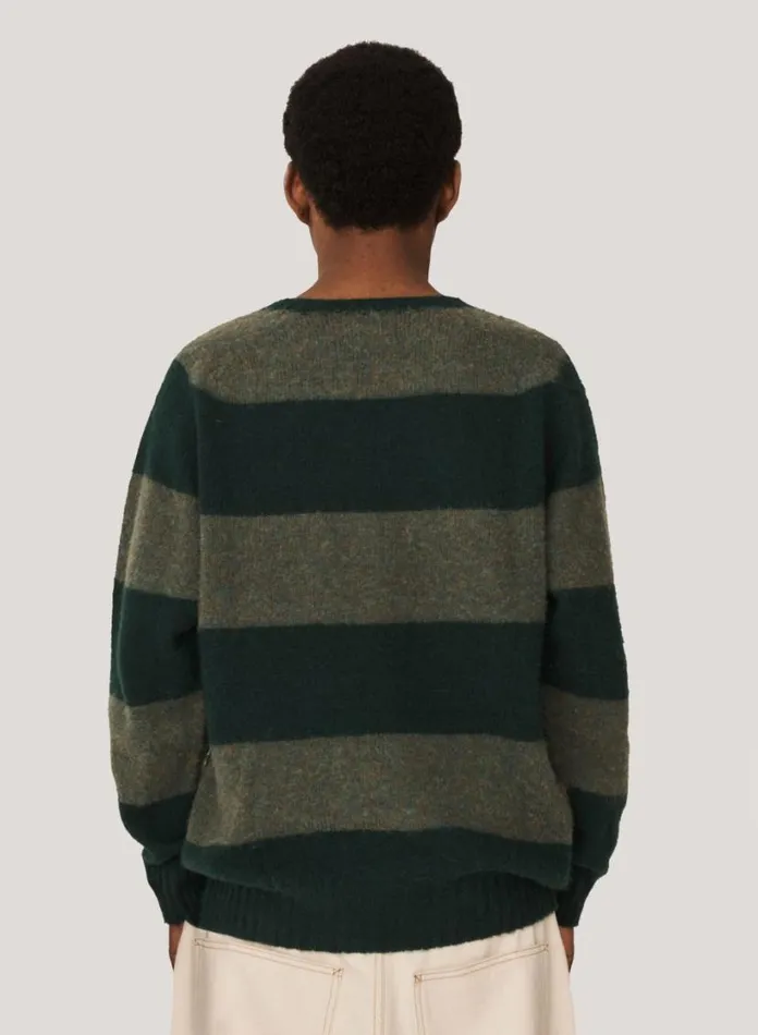 YMC Suedehead Stripe Crew Neck Jumper Green Mens Knitwear